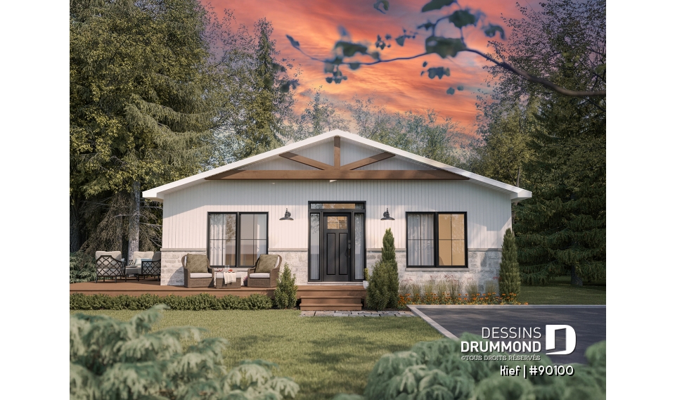 Vue avant - MODÈLE DE BASE - Plan éco-responsable petit chalet ou maison compacte, 2 à 4 chambres, cathédral, s-sol aménagé optionnel ($) - Kief