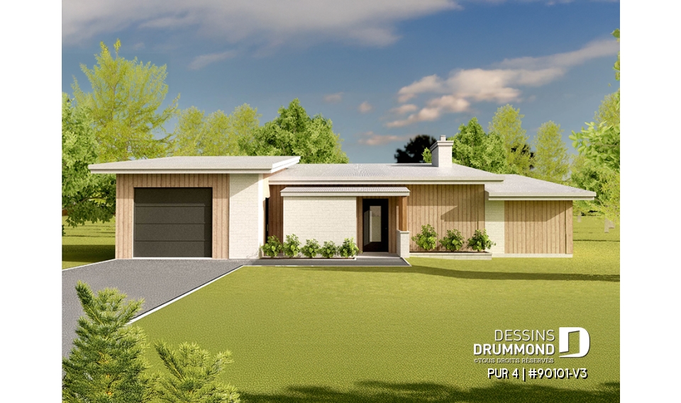 Vue avant - MODÈLE DE BASE - Plan de maison contemporaine et éco-responsable proposant 3 chambres, une serre et un garage - PUR 4