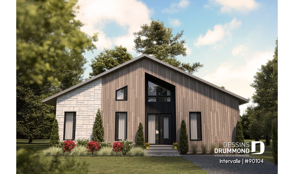 Vue avant - MODÈLE DE BASE - Plan maison éco-responsable 1 à 4 chambres, bureau, foyer, mezzanine, vestiaire, s-sol aménagé optionnel ($) - Intervalle