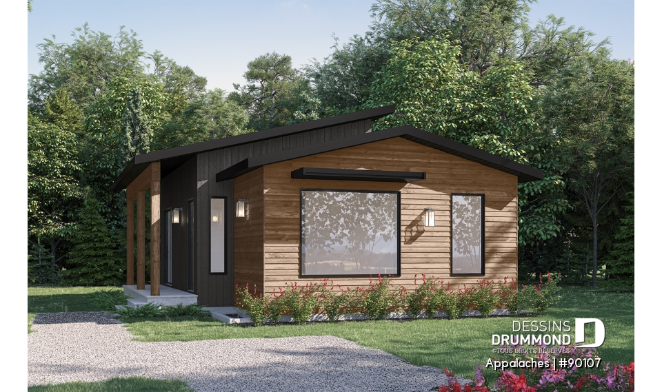 Vue avant - MODÈLE DE BASE - Plan de chalet ou petite maison éco-responsable, 1 à 3 chambres, galerie abritée, s-sol aménagé optionnel ($) - Appalaches