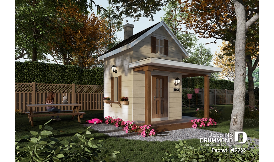 Vue avant - MODÈLE DE BASE - Petite maisonnette farmhouse pour enfant à construire soi-même - Plan gratuit de mini-maison pour enfants - Peanut