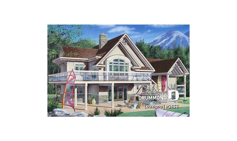 Vue arrière - MODÈLE DE BASE - Plan de chalet 3 chambres, 3.5 salles de bain, aire ouverte, 2 salons, foyer central, grande terrass - Louisiana