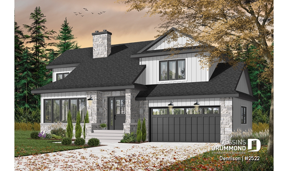 Version couleur no. 1 - Vue avant - Plan de maison 3 chambres, garage double, style Craftsman, foyer central, garage double, buanderie au premier - Dennison