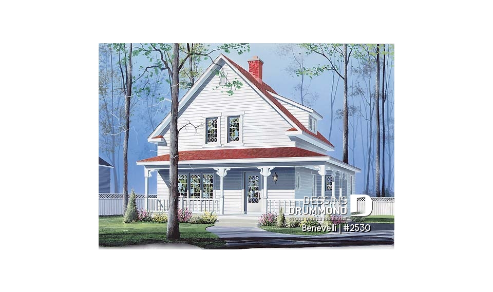 Vue avant - MODÈLE DE BASE - Plan de petite maison champêtre, 3 chambres à l'étage, buanderie au r-d-c, foyer, foyer, grandes garde-robes - Benevelli