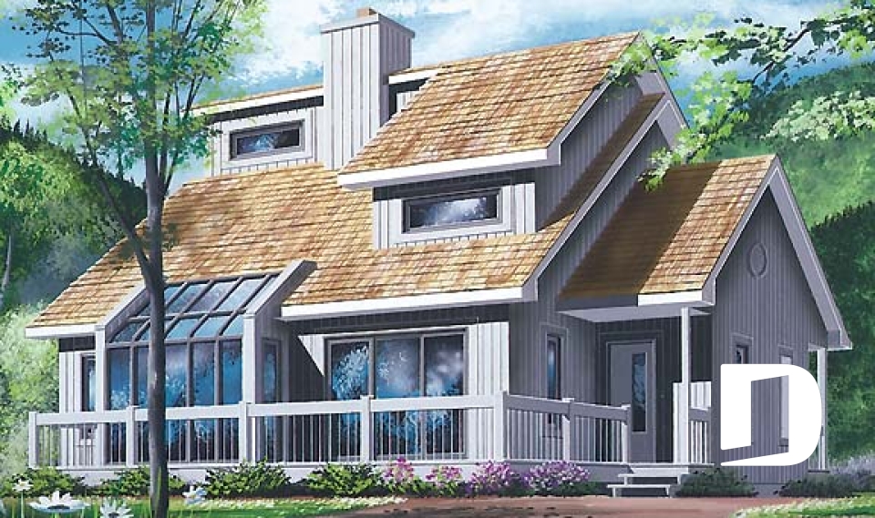 Vue avant - MODÈLE DE BASE - Plan de maison avec beaucoup de lumière naturelle, 3 chambres, plafond cathédrale, chambre maître au r-d-c - Judith 2