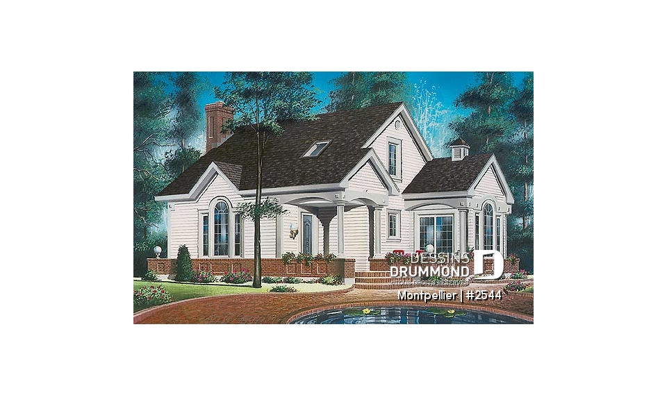 Vue avant - MODÈLE DE BASE - Plan de maison de campagne de 3 chambres, foyer au salon, coin lecture en retrait, belle luminosité partout - Montpellier