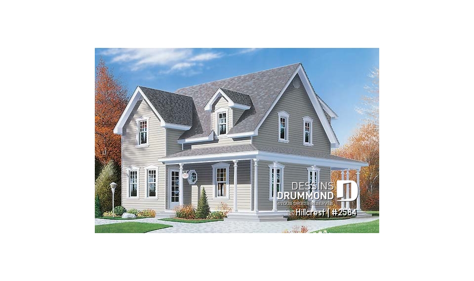 Vue avant - MODÈLE DE BASE - Plan de maison 3 chambres, style champêtre canadien, îlot, buanderie au r-d-c, grande chambre parents - Hillcrest