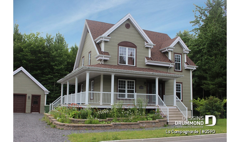 Vue avant - MODÈLE DE BASE - Plan de style farmhouse champêtre, 3 à 4 chambres ou bureau, galerie couverte, îlot à la cuisine - La Campagnarde