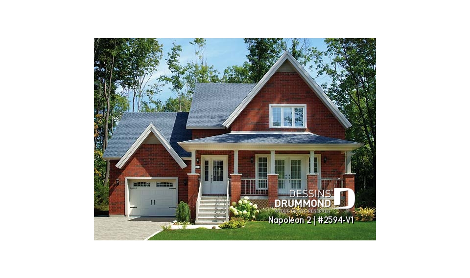 Vue avant - MODÈLE DE BASE - Plan champêtre, 2 chambres,  garage, salon chaleureux avec foyer - Napoléon 2