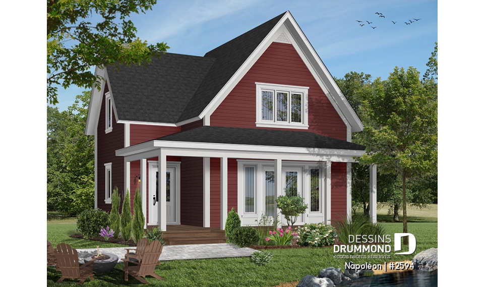 Version couleur no. 7 - Vue avant - Plan de chalet 4-saisons, style champêtre avec grand balcon, plancher à aire ouverte, galerie couverte - Napoléon