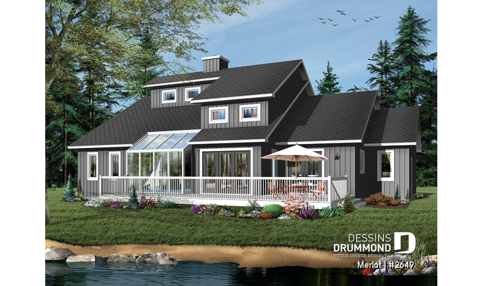 Version couleur no. 1 - Vue arrière - Plan de chalet 3 à 4 chambres, salon avec foyer, garage double, buanderie au r-d-c, 3 ou 4 chambres à l'étage - Merlot