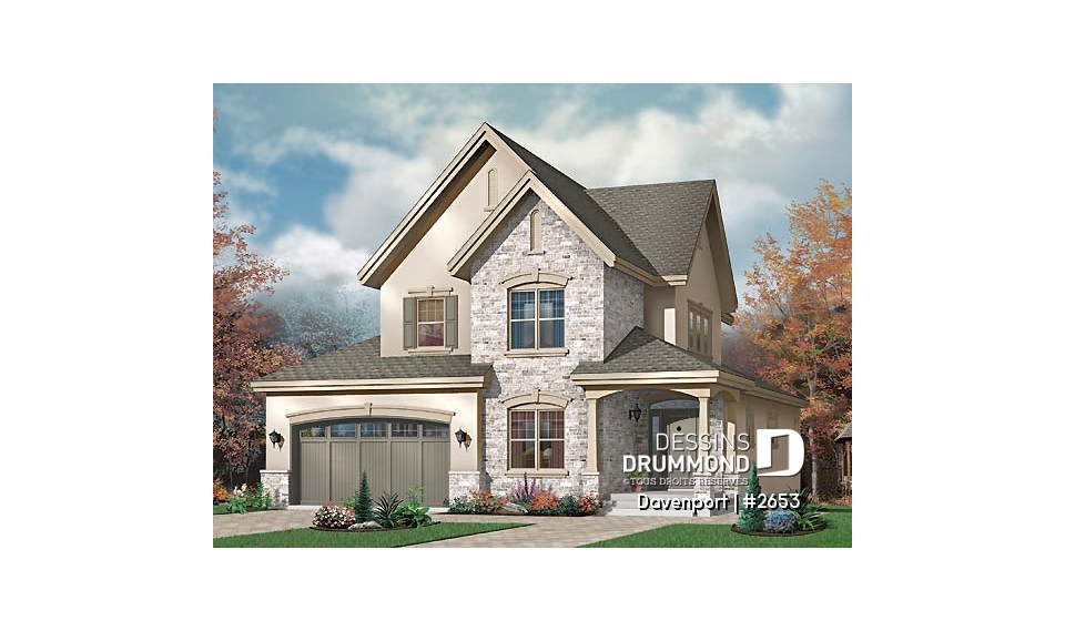 Vue avant - MODÈLE DE BASE - Plan d'inspiration européenne, 2 foyers, suite des maîtres, 3 à 4 ch., bureau, salle de cinéma, plafond 9' - Davenport