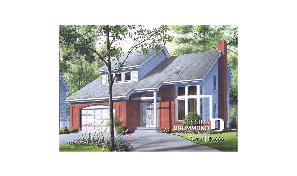 Vue avant - MODÈLE DE BASE - Plan de maison moderne 3 chambres, bureau, mezzanine, espace ouvert, îlot, garage - Turret