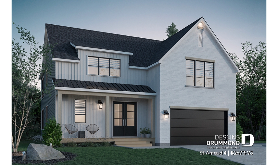 Version couleur no. 1 - Vue avant - Maison d'inspiration scandinave, 3 chambres, garage, bureau, cellier, garde-manger - St-Arnaud 4