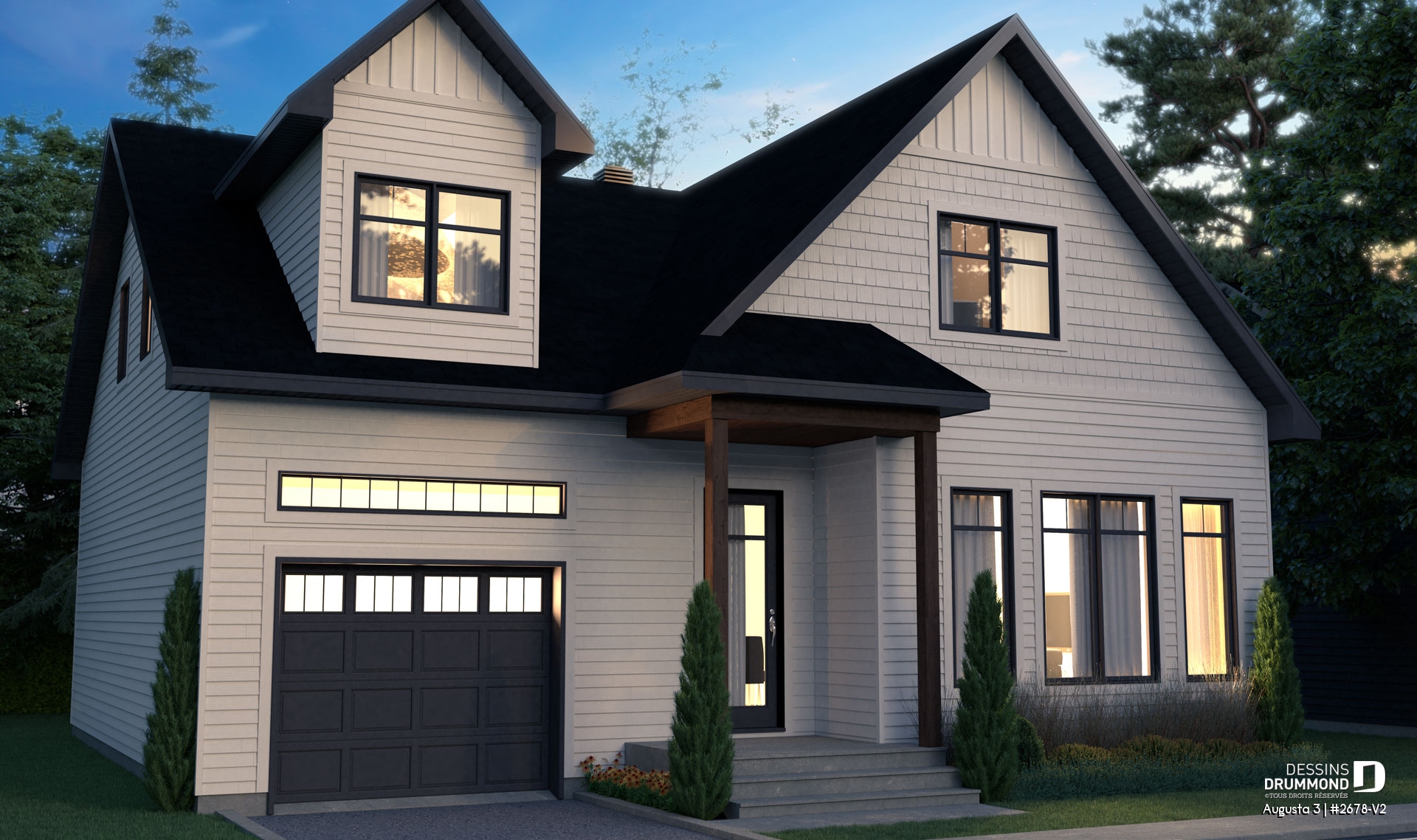 Vue avant - MODÈLE DE BASE - Plan de maison à étage 3 chambres, garage, grande cuisine, garde-manger, vestiaire - Augusta 3