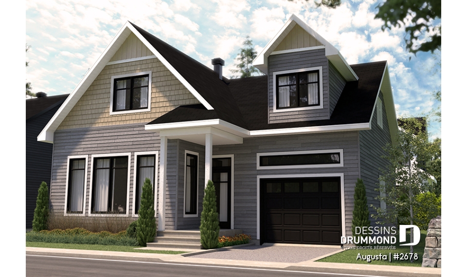 Version couleur no. 1 - Vue avant - Plan de maison style Cape Cod 3 chambres, garage, idéale pour terrain étroit, garde-manger, buanderie au r-d-c - Augusta