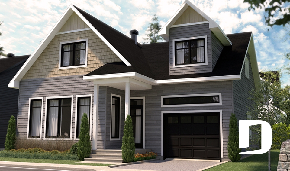 Version couleur no. 1 - Vue avant - Plan de maison style Cape Cod 3 chambres, garage, idéale pour terrain étroit, garde-manger, buanderie au r-d-c - Augusta