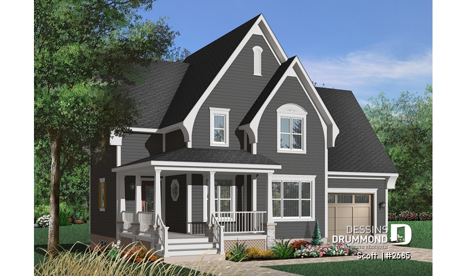 Version couleur no. 6 - Vue avant - Plan de maison Tudor 3 chambres, garage, espace remarquablement ouvert, buanderie, îlot - Scott 