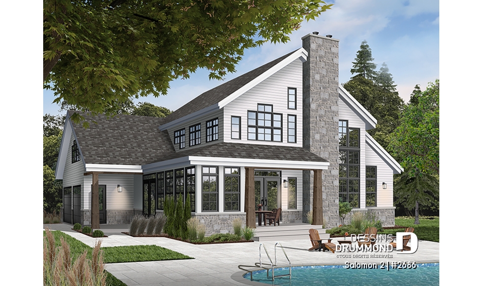 Vue arrière - MODÈLE DE BASE - Plan de maison Craftsman, 3 à 4 chambres, garage double, mezzanine + cathédral, bureau, grand espace boni - Salomon 2