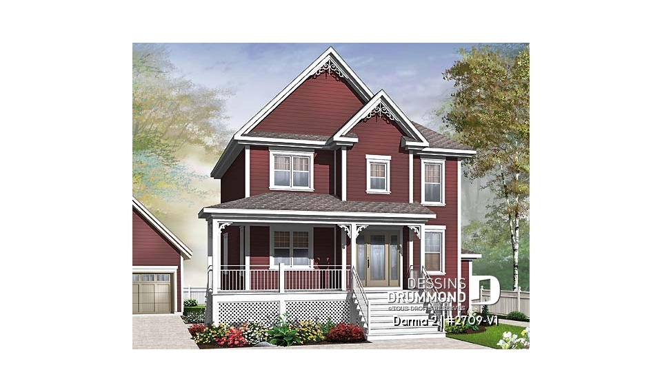 Vue avant - MODÈLE DE BASE - Plan de maison avec appartement au sous-sol, 3 chambres au logement principal, bureau, buanderie étage - Darma 2