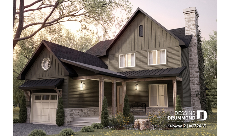 Vue avant - MODÈLE DE BASE - Plan de maison champêtre 4 à 5 chambres, garage, bureau, terrasse abritée et belle suite des parents - Kelowna 2