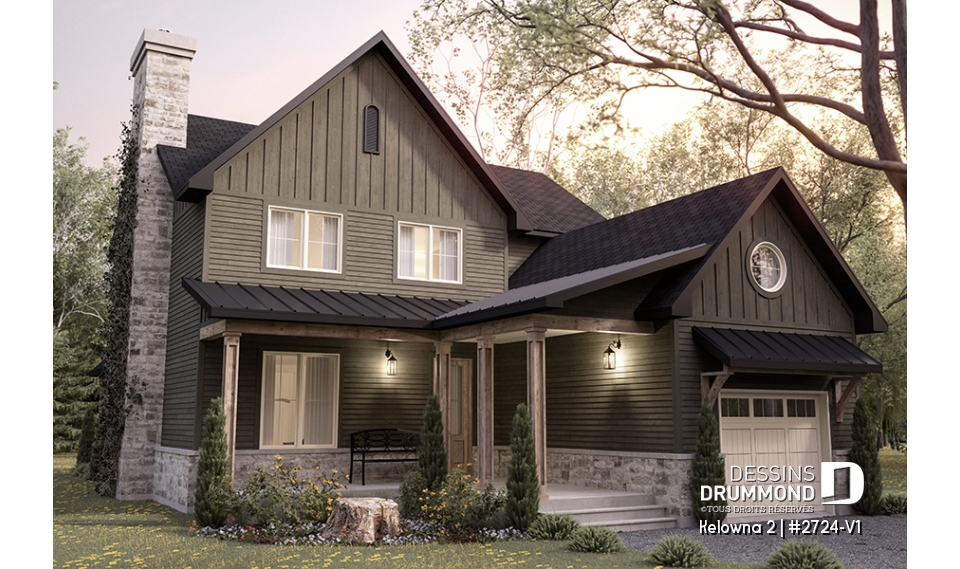 Vue avant - MODÈLE DE BASE - Plan de maison champêtre 4 à 5 chambres, garage, bureau, terrasse abritée et belle suite des parents - Kelowna 2