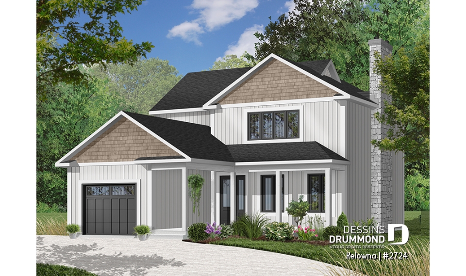 Version couleur no. 6 - Vue avant - Maison pour terrain étroit, garage avec accès par la buanderie, 3 grandes chambres, grand salon avec foyer - Kelowna