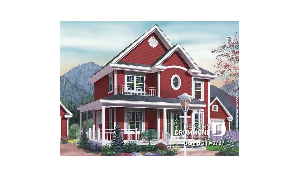 Vue avant - MODÈLE DE BASE - Modèle de plan champêtre, 3 chambres, fenestration abondante, cuisine avec îlot, coin bureau à l'étage - Darma 2