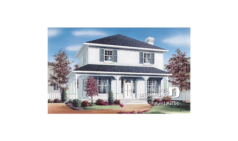 Vue avant - MODÈLE DE BASE - Maison à étage de style anglais, grande cuisine avec îlot, aire ouverte, 3 chambres, 2 walk-in, buanderie - Citatum