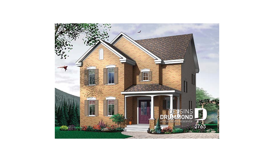 Vue avant - MODÈLE DE BASE - Plan de maison européenne, 3 chambres, salle de lavage au premier, balcon avant abrité - 