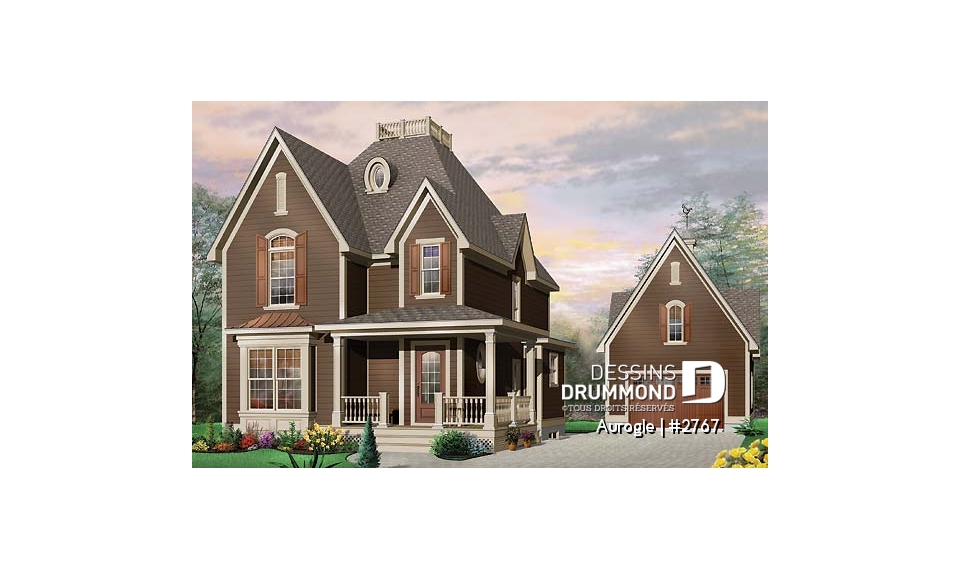 Vue avant - MODÈLE DE BASE - Plan de maison Tudor, 3 chambres, grand salon avec foyer, coin déjeuner, suite des maîtres à l'étage - Aurogle