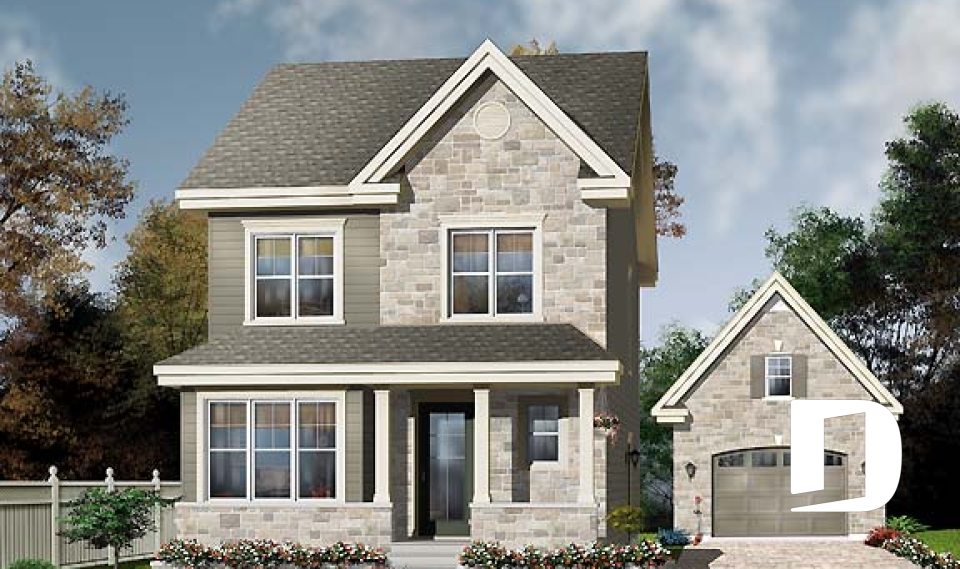 Vue avant - MODÈLE DE BASE - Maison économique pour terrain étroit, 3 chambre, bureau attrayant, vestibule  - Edward