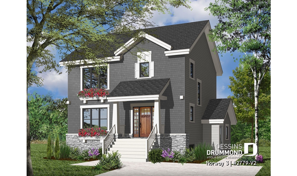 Version couleur no. 1 - Vue avant - Plan de maison 3 chambres avec appartement au sous-sol, buanderie au rez-de-chaussée, foyer - Norway 3