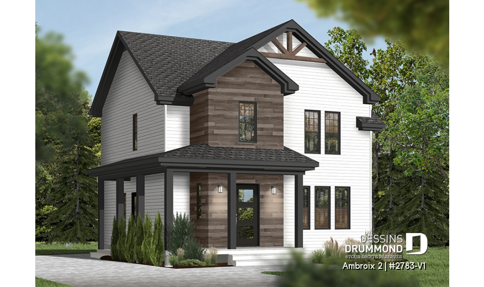 Vue avant - MODÈLE DE BASE - Plan de maison champêtre rustique, 3 grande chambres, vestibule fermé, buanderie au premier - Ambroix 2