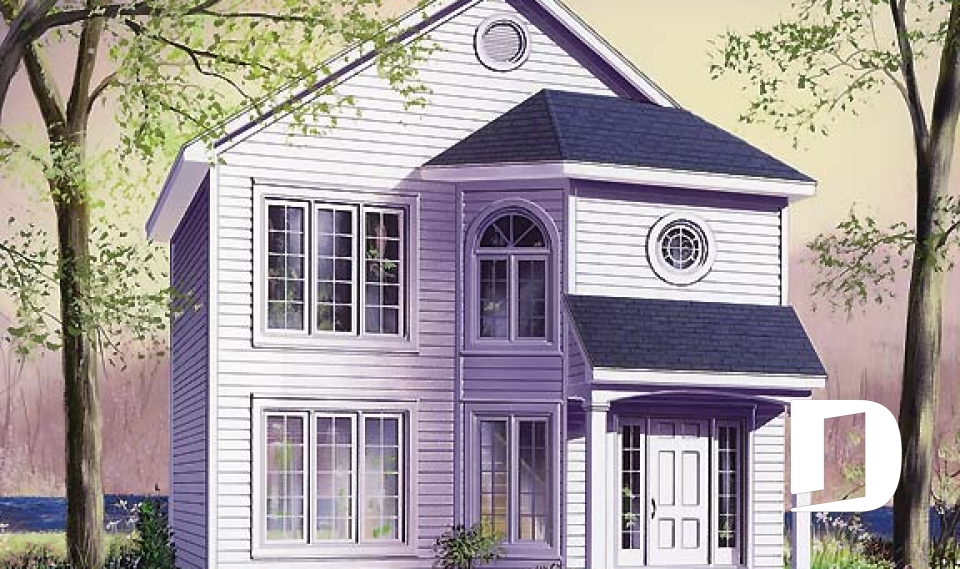 Vue avant - MODÈLE DE BASE - Plan de maison abordable à étage, cuisine avec comptoir-lunch, 3 chambres, plancher à aire ouverte - Nauli