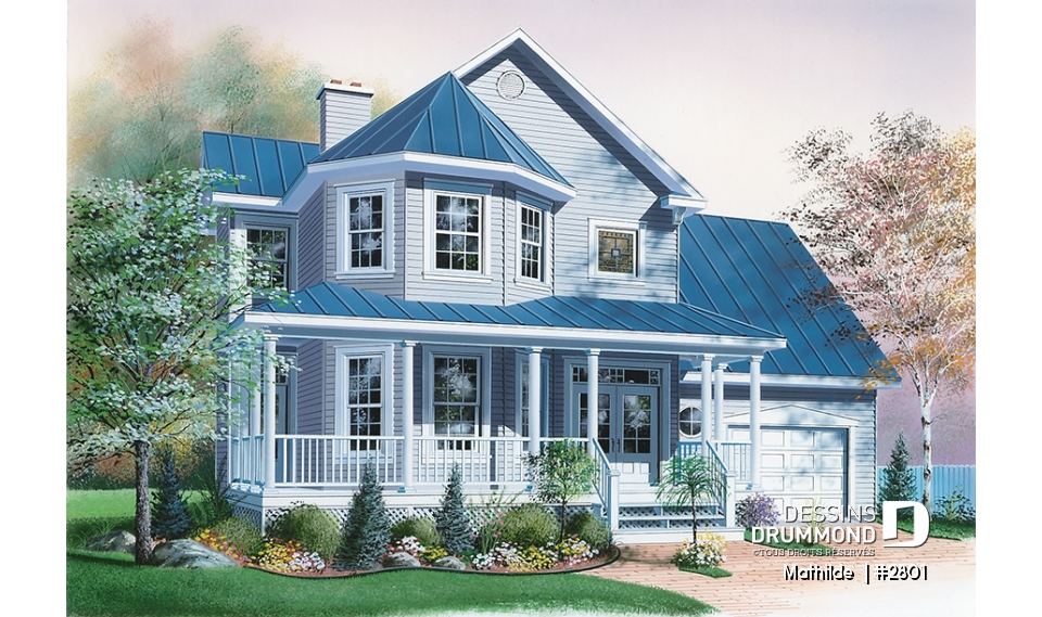 Vue avant - MODÈLE DE BASE - Plan de maison victorienne 3 chambres, foyer deux faces, garage avec grand espace boni au-dessus  - Mathilde 