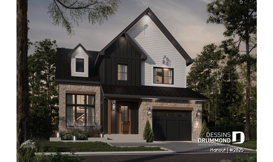 Vue avant - MODÈLE DE BASE - Maison avec mezzanine, 3 chambres, buanderie au r-d-c, bien fenêtrée - Hanout