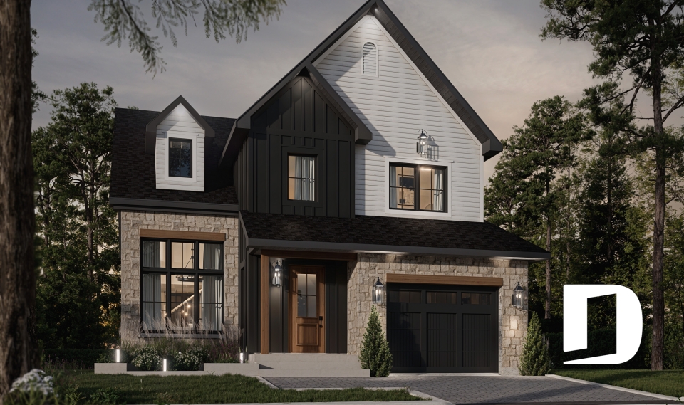 Vue avant - MODÈLE DE BASE - Maison avec mezzanine, 3 chambres, buanderie au r-d-c, bien fenêtrée - Hanout