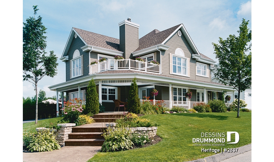 Vue avant - MODÈLE DE BASE - Plan maison champêtre 3 à 4 chambres, salle familiale à l'étage avec balcon et foyer, garage double - Heritage