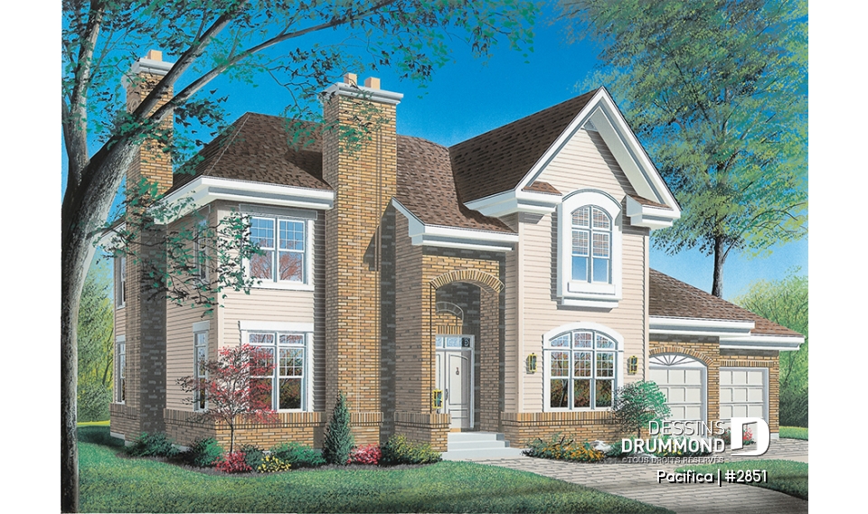 Vue avant - MODÈLE DE BASE - Plan de maison 4 chambres sur même étage, piscine intérieure, garage double, grand pièce boni, foyers - Pacifica