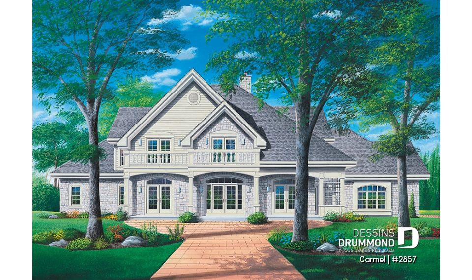 Vue avant - MODÈLE DE BASE - Plan de maison luxueuse avec 5 chambres, suite des maîtres au r-d-c, plafond cathédrale, garage triple - Carmel