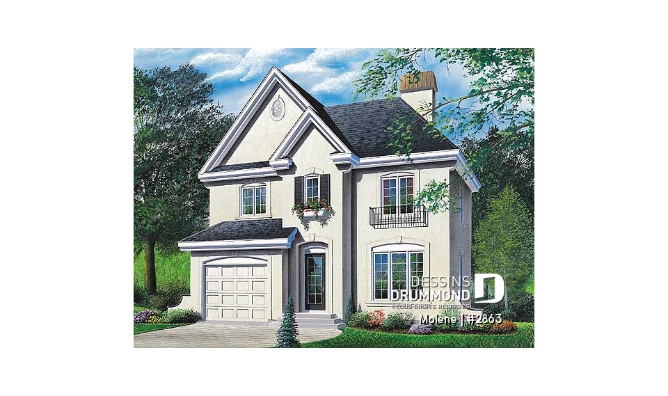 Vue avant - MODÈLE DE BASE - Plan de maison à étage, 3 chambres, garage, 2.5 salles de bain, vestibule, chambre parents avec foyer - Molène