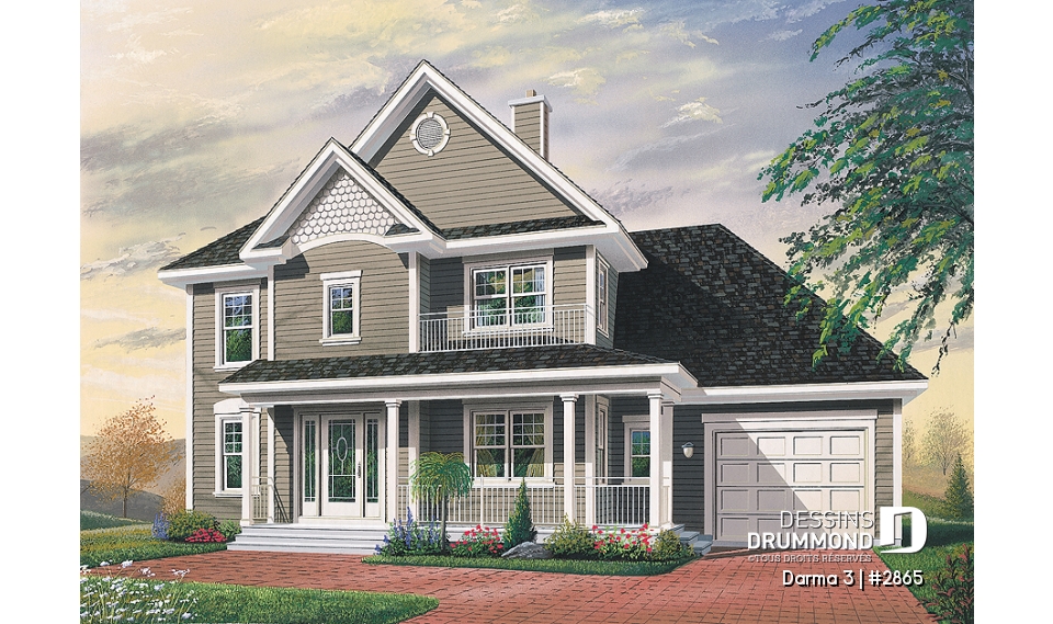 Vue avant - MODÈLE DE BASE - Plan de maison de campagne, 3 chambres, grand garage, coin déjeuner remarquable, buanderie au r-d-c - Darma 3