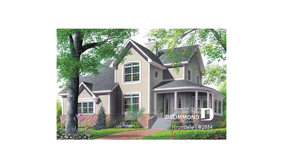 Vue avant - MODÈLE DE BASE - Plan de maison 4 chambres, 2.5 salles de bain, garage double de côté, solarium, foyer - Hirondelle