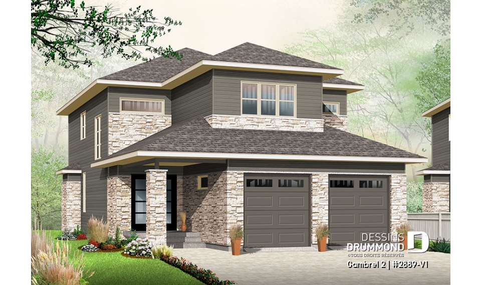 Vue avant - MODÈLE DE BASE - Plan de maison à étage 3 chambres, bureau ou pouponnière attenante à la suite des parents,  - Gambrel 2