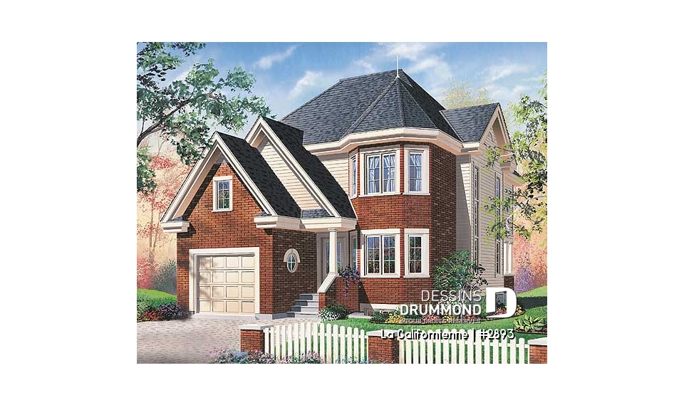 Vue avant - MODÈLE DE BASE - Plan de maison avec petit gym prévu à l'étage, 3 chambres, plafond cathédral, garage - La Californienne