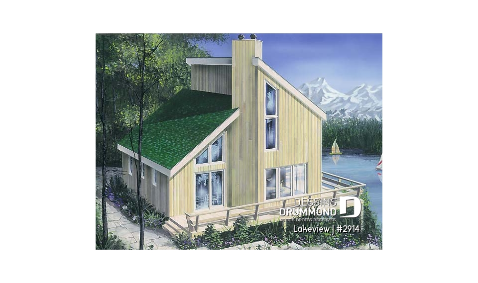 Vue avant - MODÈLE DE BASE - Plan de chalet abordable d'inspiration scandinave avec grande terrasse et 3 chambres - Lakeview