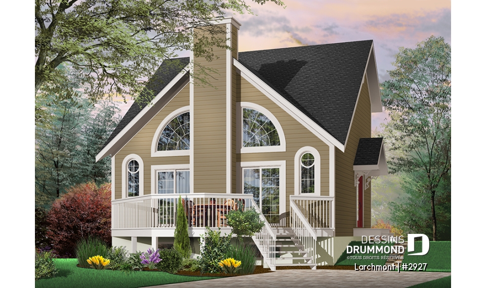 Version couleur no. 1 - Vue avant - Plan de petit chalet, grande suite des maîtres, aire ouverte, mezzanine, sous-sol aménageable - Larchmont