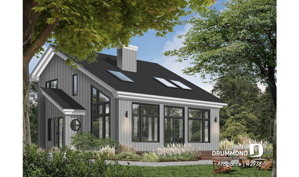 Version couleur no. 1 - Vue avant - Plan de chalet 3 chambres, très fenestré, foyer, mezzanine, plafond cathédrale, tout en lumière - Ataglance