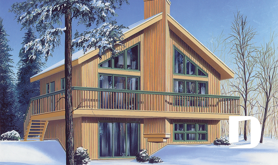 Vue avant - MODÈLE DE BASE - Modèle de chalet avec plancher 1 à 3 chambres, vue panoramique, espace ouvert, grand foyer &amp; superbe terrasse - Massif